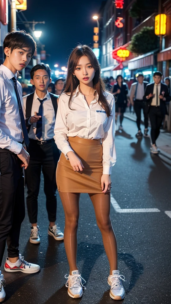 (((NFSW : 1.2))), ((())), (realistic), (intricate details:1.2), (masterpiece、:1.3), (top quality:1.4), (Ultra A high resolution:1.2), Ultra A high resolution, 8K resolution, very detailed expression, dark, (high quality), complete , natural , full body photo, 1 Girl is being taken away by two boys, 18 years old, (call girl:1.5), (: 1.5), (Asian, Korean:1.8), (beautiful : 1.4), (Shiny blonde banging), (big earrings), heavy makeup, Confusing wording, choker necklace, slim figure, (She weared flesh colored realistic pantyhose and and sneakers : 1.5), (a girl weared slim high_school uniform_pencil mini skirt and blouse : 1.6),(boys weared high school uniform_shirts and pants:1.5), (they are wearing a slim blazer), glowing skin, The boys who love her stand on both sides of her and take her virgina away..),(She is being  harassed by boys : 1.5), (The boys grabbed her thighs.) , (night street : 1.5), dark, neon sign, red light district,  street, (detailed background:1.2),She has fun with several Korean high school boys : 1.4), (One person's shoes are always symmetrical:1.5), they are poor_behaved teenagers,
