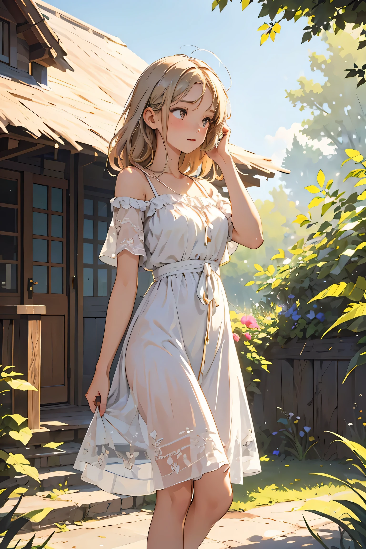 masterpiece, best quality,A beautiful woman with light delicately filtering through her hair, her summer dress is beautiful and she's standing in front of a cottage