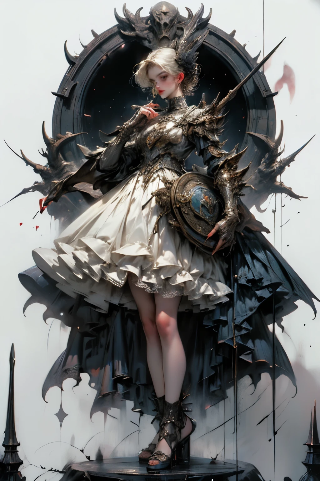 ((best quality)), ((masterpiece)), (detailed), perfect face ((best quality)), ((masterpiece)), (detailed), blank white background, plain background, white background, Bloodborne inspired, occult aesthetic, occult, detailed and intricate steampunk and detailed gothic, NSFW, Very dramatic and cinematic lighting, cosmic horror, grim-dark, side-lighting, perfect face, a beaituful goddess adorned and enshrined in armour, Bloodborne inspired , occult aesthetic, occult, detailed and intricate steampunk and detailed gothic, wielding a sword and holding a shield, NSFW, Fluttering lace flared long knee length dress with frilly petticoats, knee length dress, pleated petticoats, lolita dress, petticoats gothic lolita, side-lighting, gothic lolita aesthetic, beautiful small breasts, small breasts, full body, whole body, body, plain background, white background, blank background, no background, white background NSFW, full body, whole body, head-to-toe