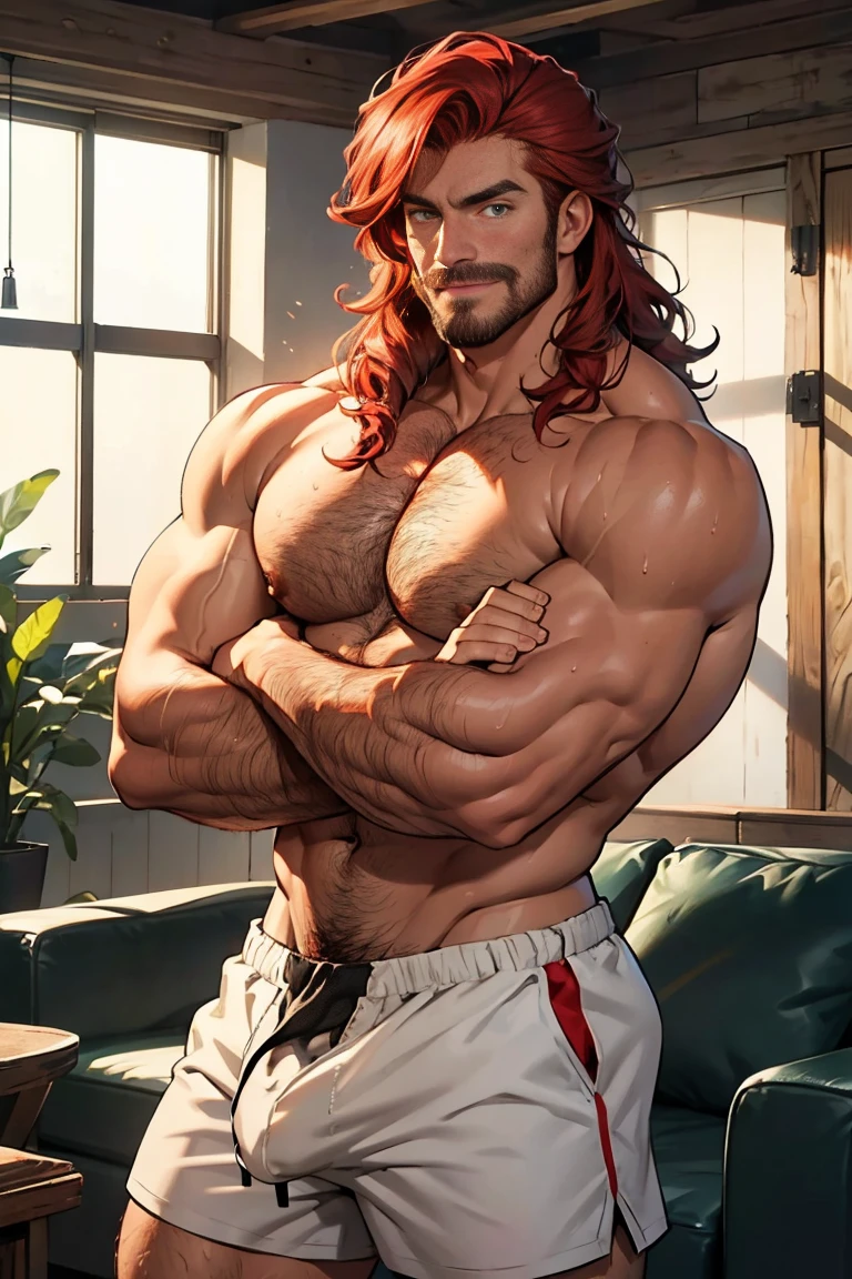 Robust man, muscular body, wavy red hair, masculine face, red mustache, rustic appearance, green eyes, sensual smile, huge hairy chest, huge biceps, hairy body, freckles on his face, oily and shiny skin. He is standing in the living room with a glass of wine in his left hand, with a bare back and short white shorts, wet and transparent and with a huge bulge in his groin