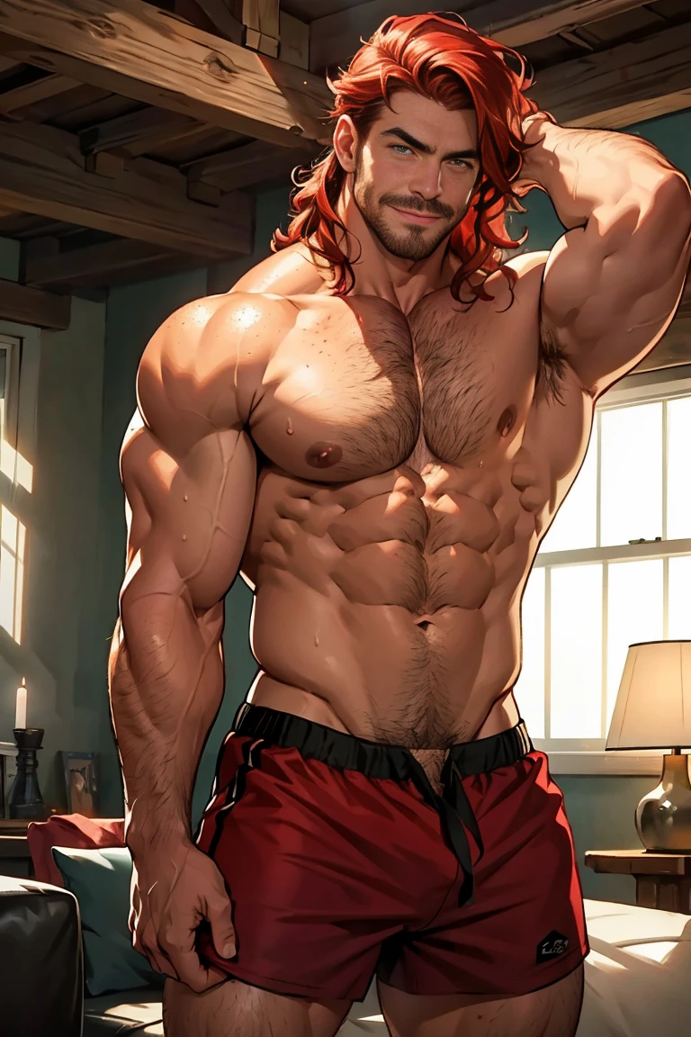 Robust man, muscular body, wavy red hair, masculine face, red mustache, rustic appearance, green eyes, sensual smile, huge hairy chest, huge biceps, hairy body, freckles on his face, oily and shiny skin. He is standing in the living room with a glass of wine in his left hand, with a bare back and short white shorts, wet and transparent and with a huge bulge in his groin