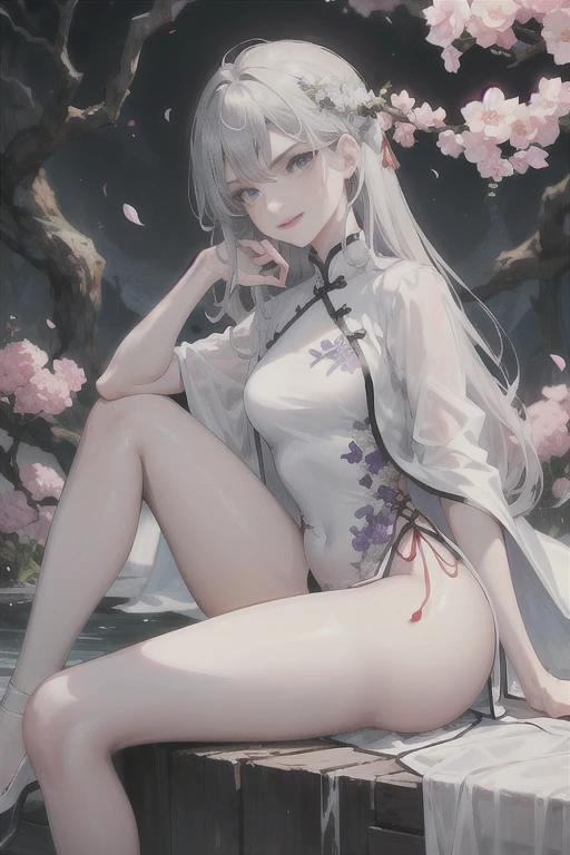 masterpiece, Excellent, daytime, outdoor, Falling Flowers, Branches, Chinese, China, 1 girl, Perfect Woman, woman with long silver hair, Gray blue eyes, Light pink lips, cold, Serious, boom, Purple Eyes, White clothes, Black clothing series, Delicate face, Delicate face, Sitting Legs, Smile，Nice butt，Beautiful buttocks