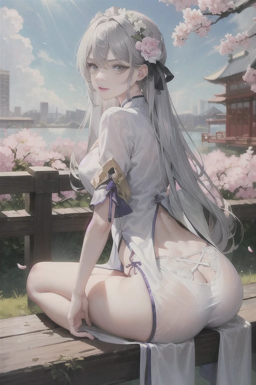 masterpiece, Excellent, daytime, outdoor, Falling Flowers, Branches, Chinese, China, 1 girl, Perfect Woman, woman with long silver hair, Gray blue eyes, Light pink lips, cold, Serious, boom, Purple Eyes, White clothes, Black clothing series, Delicate face, Delicate face, Sitting Legs, Smile，Nice butt，Beautiful buttocks