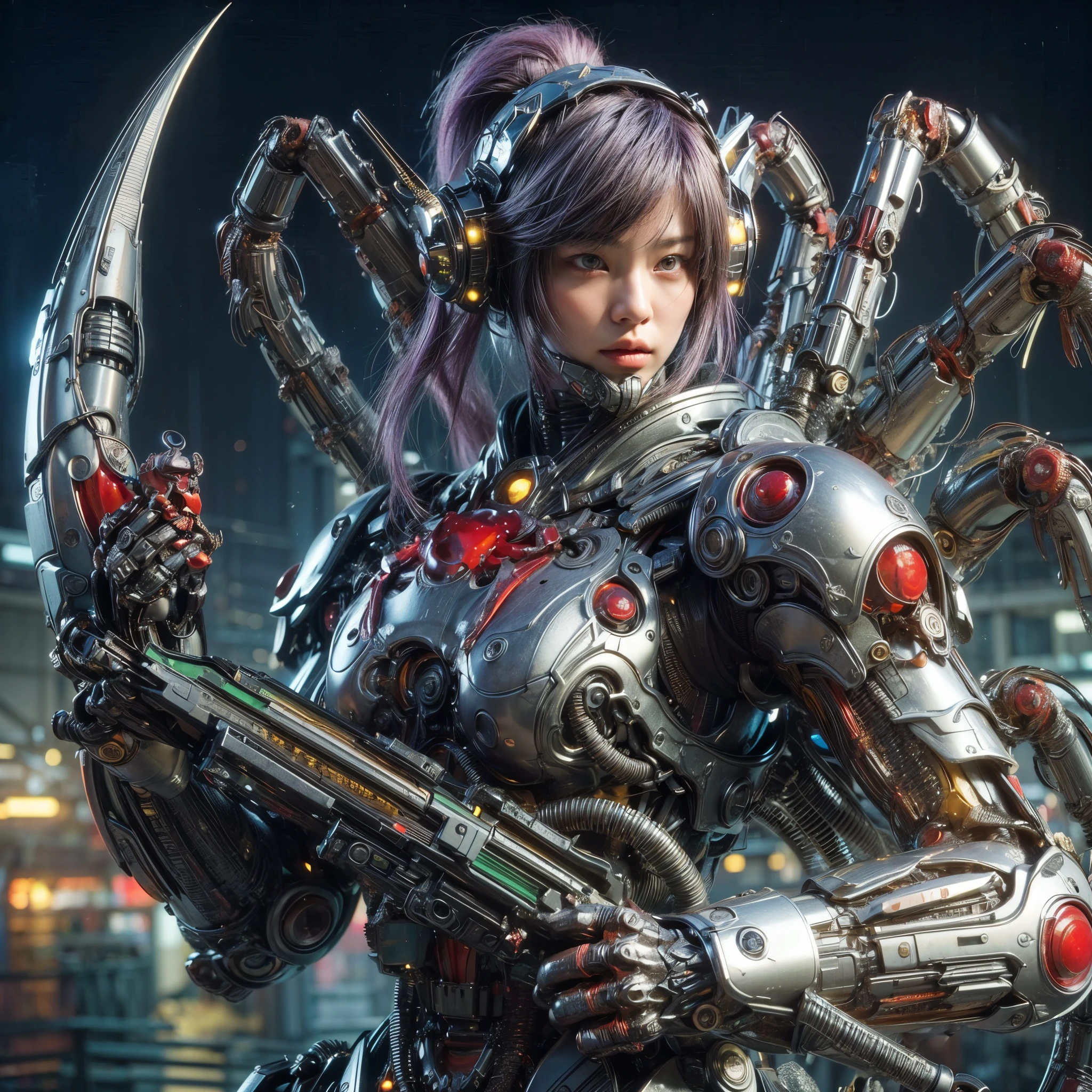 (top-quality:1.2, masterpiece), ultra high resolution, (Photorealsitic:1.4), (crab-base body), 1 Japanese female, extremely realistic face, (purple hair), ((ultimately intricate all details)), (whole body picture), realistic shadow, octan render, glossy textures, character edge light, Details of complex ornaments, dystopia with a beautiful view at night, fighting pose