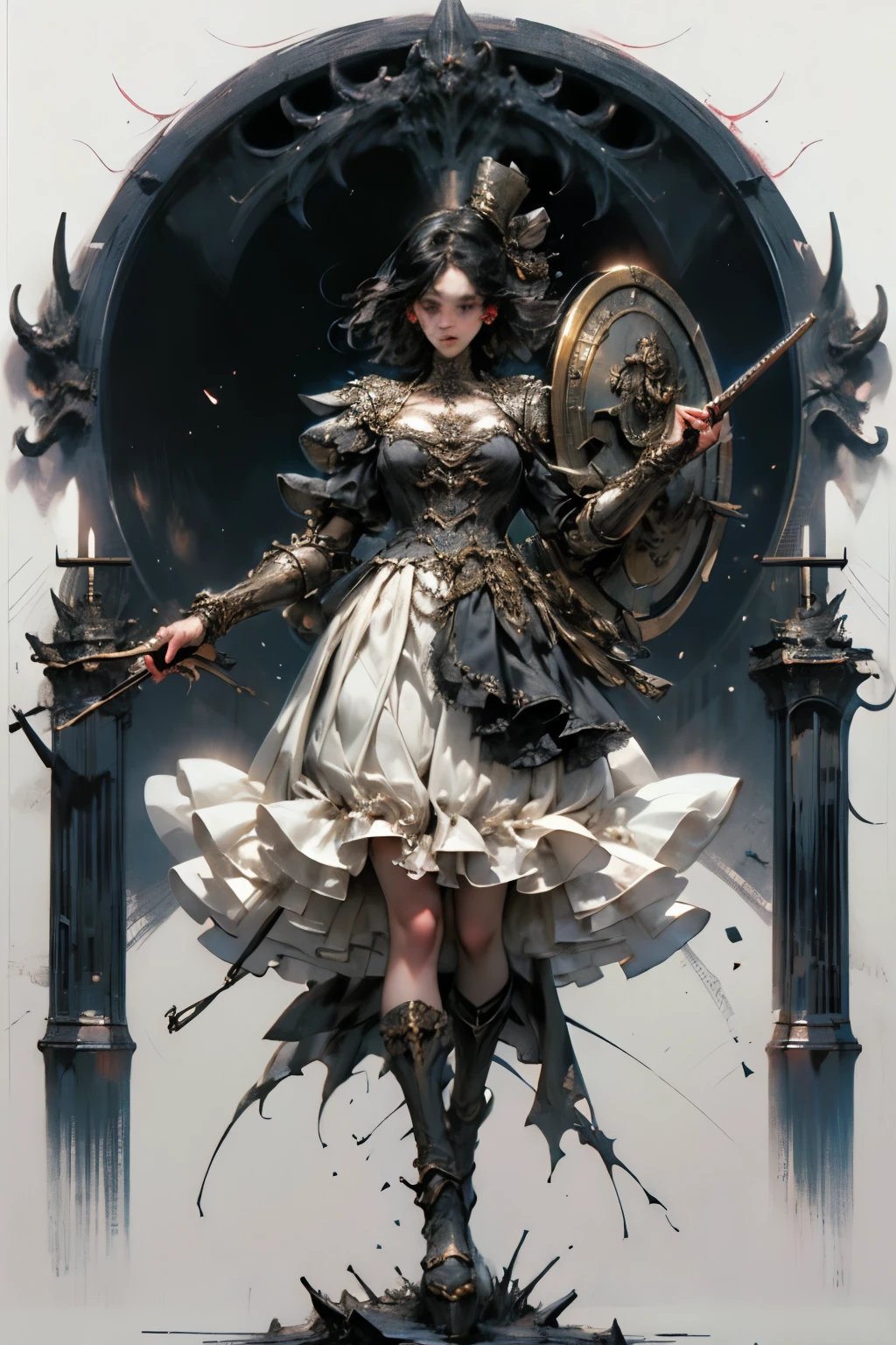 ((best quality)), ((masterpiece)), (detailed), perfect face ((best quality)), ((masterpiece)), (detailed), blank white background, plain background, white background, Bloodborne inspired, occult aesthetic, occult, detailed and intricate steampunk and detailed gothic, NSFW, Very dramatic and cinematic lighting, cosmic horror, grim-dark, side-lighting, perfect face, a beaituful goddess adorned and enshrined in armour, Bloodborne inspired , occult aesthetic, occult, detailed and intricate steampunk and detailed gothic, wielding a sword and holding a shield, NSFW, Fluttering lace flared long knee length dress with frilly petticoats, knee length dress, pleated petticoats, ta dress, petticoats gothic loliside-lighting, gothic lolita aetic, beautiful small breasts, small breasts, full body, whole body, body, plain background, white background, blank background, no background, white background NSFW, full body, whole body, head-to-toe