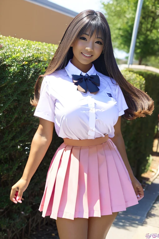 Super huge breasts, Gyaru, ditail lips, pink lips, long hair, cleavage of breasts, smile, beautiful asian girl, short skirt, gal, shining skin, brown hair, dark skin, tanned skin, brown skin, gigantic breasts, JK , hi-school girl, school student uniform, muscular, muscular legs, shining legs, chest bulge, 1 girl, heavy makeup, glowy skin
