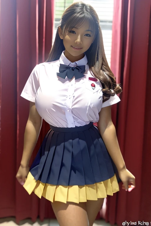 Super huge breasts, Gyaru, ditail lips, pink lips, long hair, cleavage of breasts, smile, beautiful asian girl, short skirt, gal, shining skin, brown hair, dark skin, tanned skin, brown skin, gigantic breasts, JK , hi-school girl, school student uniform, muscular, muscular legs, shining legs, chest bulge, 1 girl, heavy makeup, glowy skin