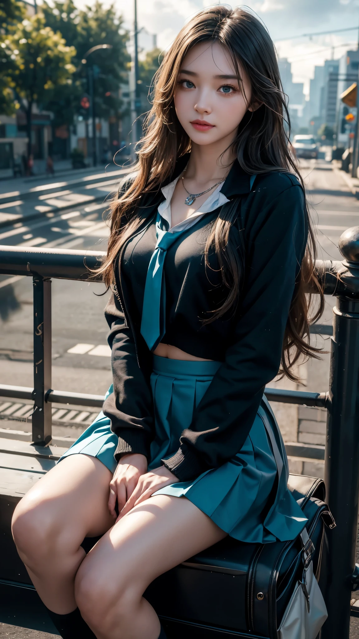 8K, UHD, masterpiece, 1 girl, good face, happy face, detailed eyes, very long hair, necklace, (school uniform), (teal skirt), tie, school bag, in the bridge, cloudy weather, realism, depth of field, 3d, unreal engine 5, ray tracing, flowing wind, sitting,