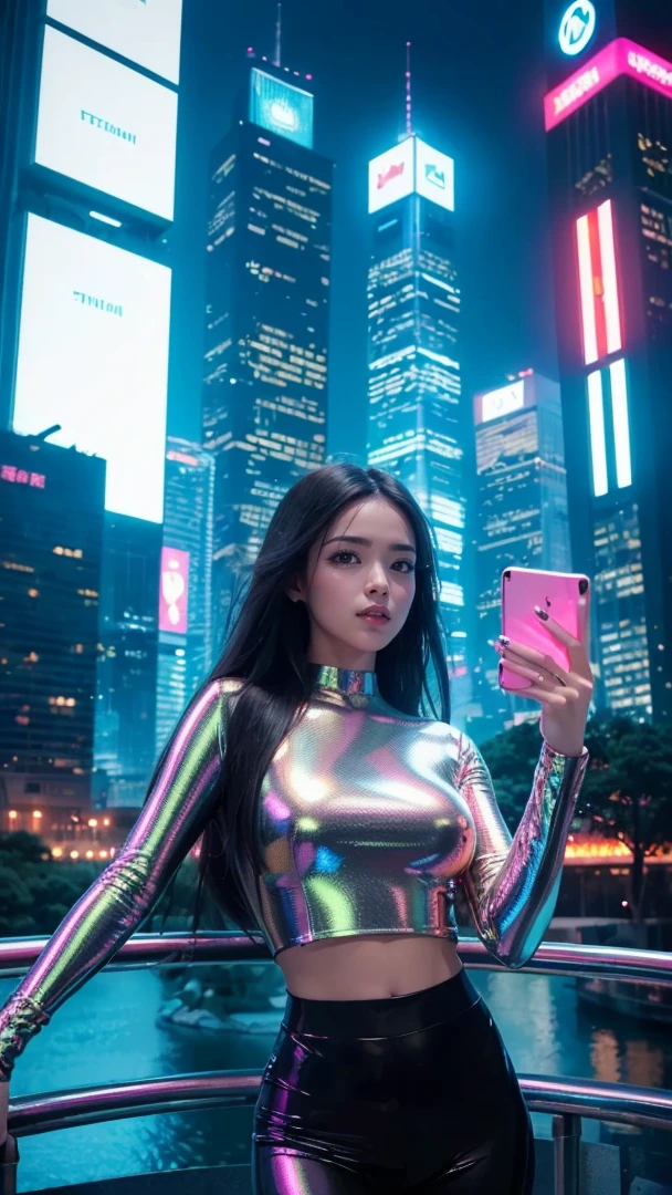 detailed futuristic park, ((bridge)),(( River)),skyscrapers,shiny metallic architecture,hovering cars,neon lights,glowing holographic displays,futuristic girl taking a selfie,bright happy smile,warm lighting,vibrant colors,cinematic atmosphere,photorealistic,8k,high resolution, ((( Russian and Japanese mix, golden hair, straight long hair, gazing, parted lips)))