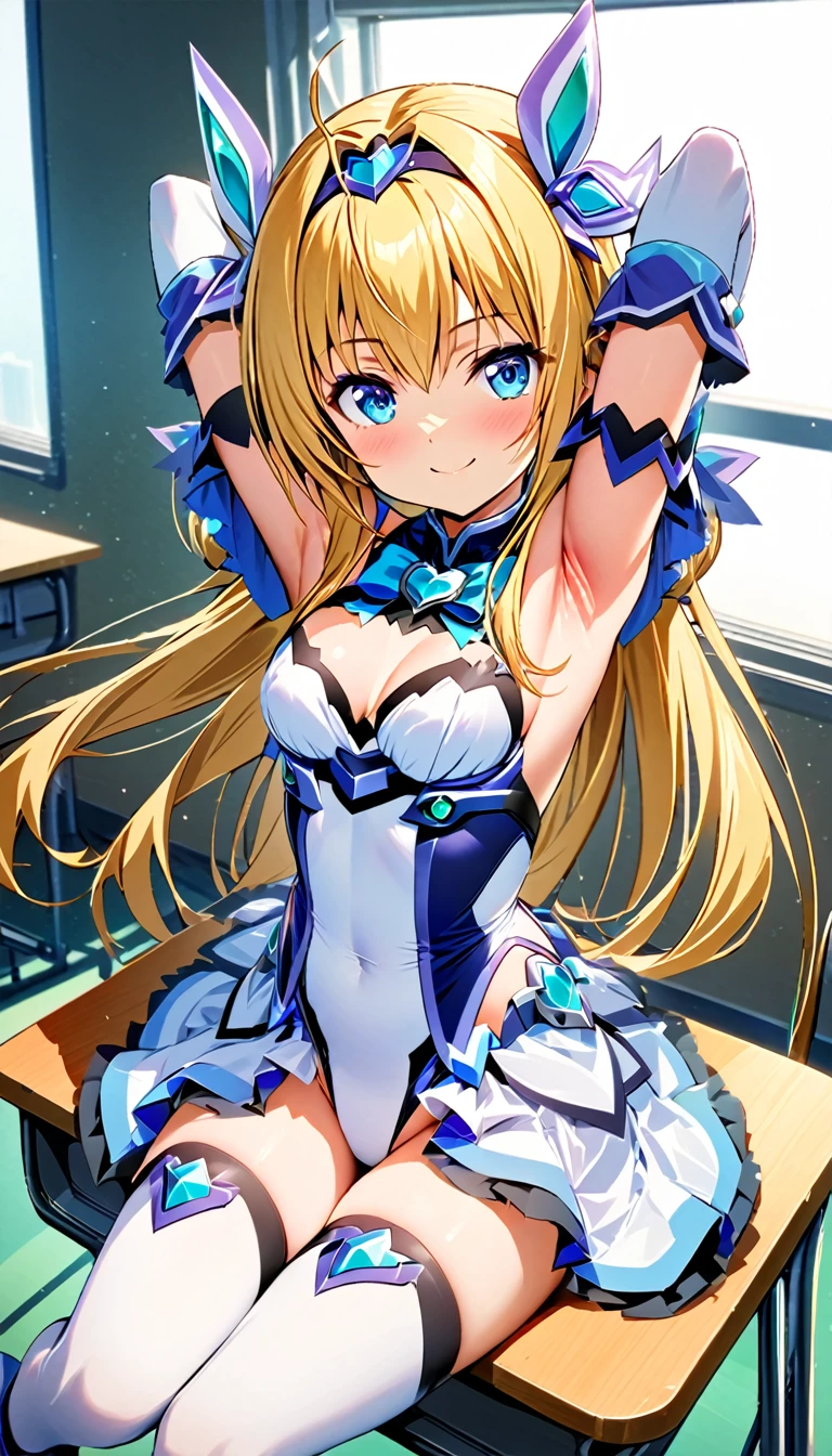 (full body),masterpiece, highest quality, High resolution, exs-tia_spica,magical girl, One Girl, alone, Blue eyes, Golden Hair，Long Hair，leotard，Elbow Handbags，Knee-high socks，Cowboy Shot, Sitting, classroom, mechanical, put your hands on the table, smile, Show me your armpits, Raise your arms