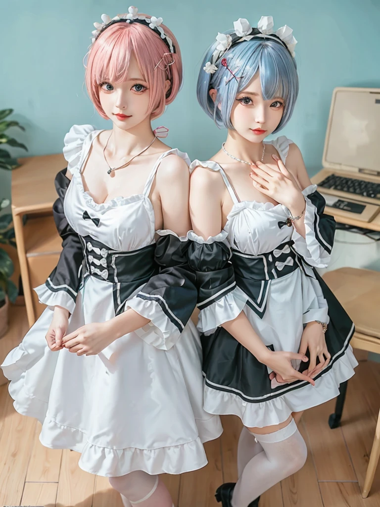Accurate depiction with high resolution,(8K, Photorealistic, Raw photo, of the highest quality: 1.3), (1girl in), Super beautiful, (Realistic face), (boyish, pink Color Berry Shorthair), Beautiful , Glare that captivates the viewer, Beautiful expression, Beautiful breasts, (Realistic skin), Be...Create a detailed and colorful image of Ram and Rem from Re:Zero, standing back-to-back in their maid outfits, with a magical fantasy background、14years old, two girls,cute, perfect face, beautiful, nice body, gothic lolita clothes, gothic lolita fashion, frilly skirt, headdress, necklace, bracelet, knee-high socks, boots, double eyelids, tear bags, Detailed down to the fingers, photo-like description, indoors, dim indoor lighting, one girl is pink hair and short bob, another girl is light blue hair and short bob,standing,whole body, composition that shows the whole body, smiling,The Both of them are wearing the same type of maid outfit,Optimal ratio of 4 fingers and 1 thumb,walking