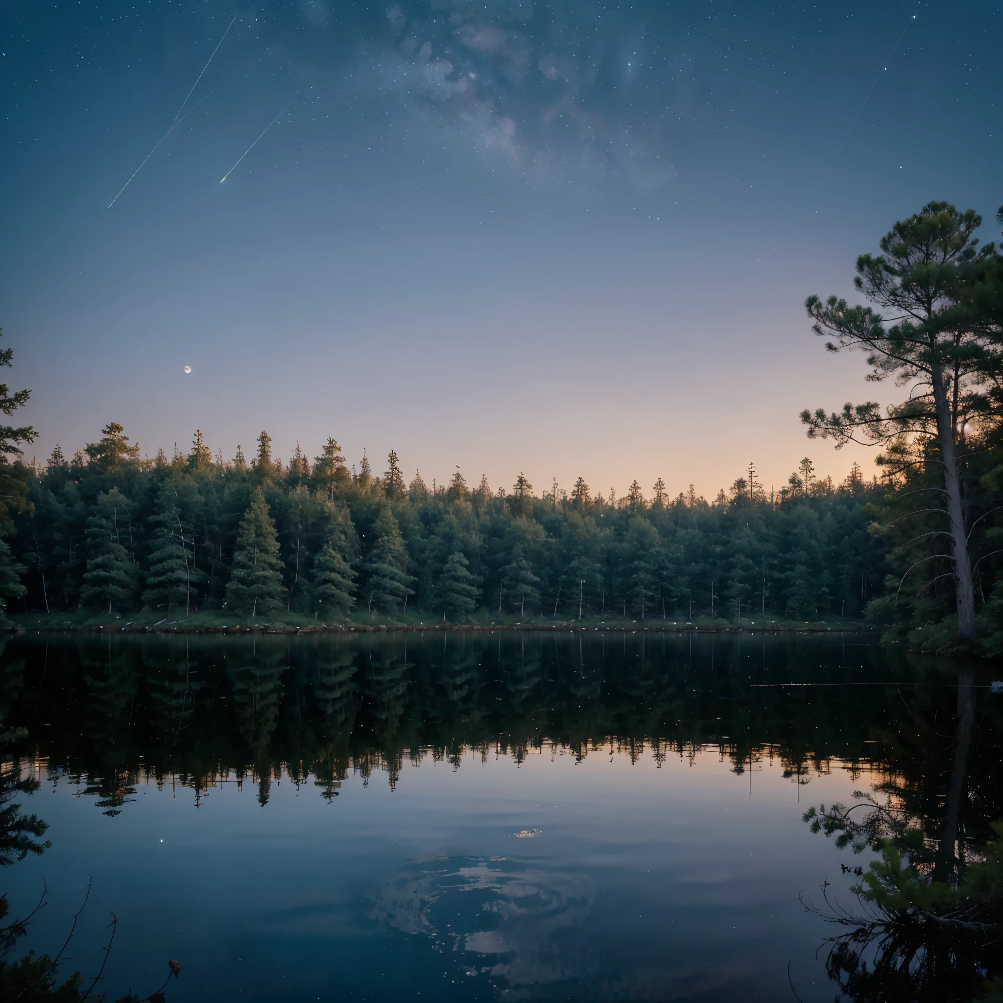 A serene, moonlit lake nestled amidst a dense forest of towering pine trees. The surface of the water is perfectly still, reflecting the brilliant stars overhead.