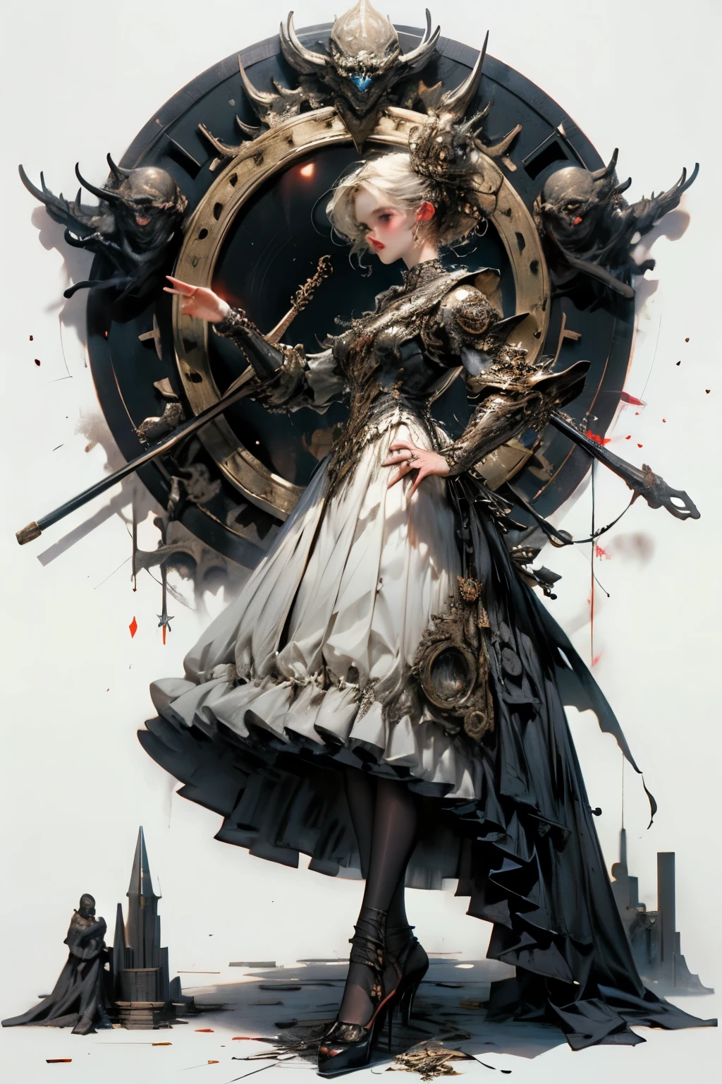 ((best quality)), ((masterpiece)), (detailed), perfect face ((best quality)), ((masterpiece)), (detailed), blank white background, plain background, white background, Bloodborne inspired, occult aesthetic, occult, detailed and intricate steampunk and detailed gothic, NSFW, Very dramatic and cinematic lighting, cosmic horror, grim-dark, side-lighting, perfect face, a beaituful goddess adorned and enshrined in armour, Bloodborne inspired , occult aesthetic, occult, detailed and intricate steampunk and detailed gothic, wielding a sword and holding a shield, NSFW, Fluttering lace flared long knee length dress with frilly petticoats, knee length dress, pleated petticoats, lolita dress, petticoats gothic lolita, side-lighting, gothic lolita aesthetic, beautiful small breasts, small breasts, full body, whole body, body, plain background, white background, blank background, no background, white background NSFW, full body, whole body, head-to-toe