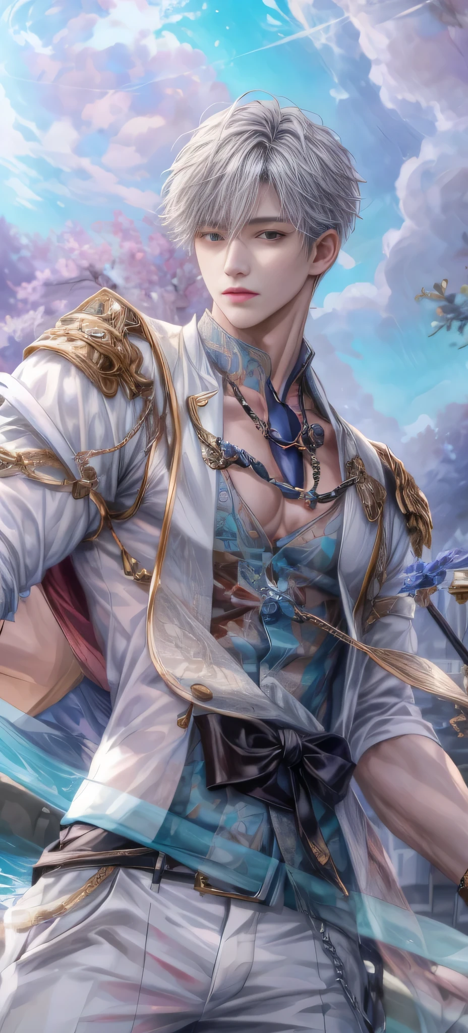 (absurdres, highres, ultra detailed, HDR), masterpiece, intricate, best quality, close-up portrait of a handsome anime character from ayashino ceres, short hair, original hair, captivating scene , boy enjoying a luxurious poolside. happy face, topless, see through shirt showing chest, Incorporate elements of nature, architecture, and the character's unique charm to create a visually stunning and immersive environment, art kenouji.