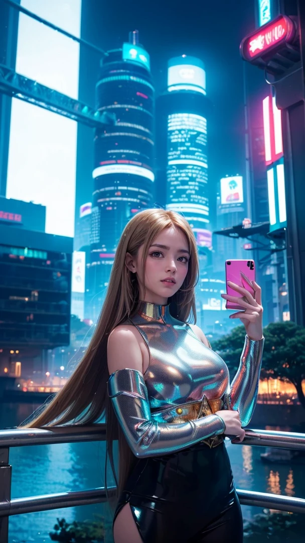 detailed futuristic park, ((bridge)),(( River)),skyscrapers,shiny metallic architecture,hovering cars,neon lights,glowing holographic displays,futuristic girl taking a selfie,bright happy smile,warm lighting,vibrant colors,cinematic atmosphere,photorealistic,8k,high resolution, ((( Russian and Japanese mix, golden hair, straight long hair, gazing, parted lips)))