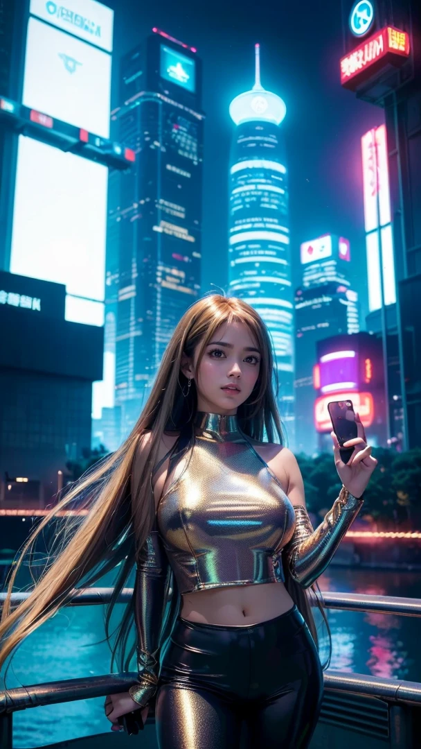 detailed futuristic park, ((bridge)),(( River)),skyscrapers,shiny metallic architecture,hovering cars,neon lights,glowing holographic displays,futuristic girl taking a selfie,bright happy smile,warm lighting,vibrant colors,cinematic atmosphere,photorealistic,8k,high resolution, ((( Russian and Japanese mix, golden hair, straight long hair, gazing, parted lips)))