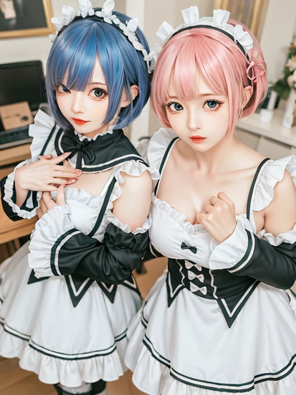 Accurate depiction with high resolution,(8K, Photorealistic, Raw photo, of the highest quality: 1.3), (1girl in), Super beautiful, (Realistic face), (boyish, pink Color Berry Shorthair), Beautiful , Glare that captivates the viewer, Beautiful expression, Beautiful breasts, (Realistic skin), Be...Create a detailed and colorful image of Ram and Rem from Re:Zero, standing back-to-back in their maid outfits, with a magical fantasy background、14years old, two girls,cute, perfect face, beautiful, nice body, gothic lolita clothes, gothic lolita fashion, frilly skirt, headdress, necklace, bracelet, knee-high socks, boots, double eyelids, tear bags, Detailed down to the fingers, photo-like description, indoors, dim indoor lighting, one girl is pink hair and short bob, another girl is light blue hair and short bob,standing,whole body, composition that shows the whole body, smiling,The Both of them are wearing the same type of maid outfit,Optimal ratio of 4 fingers and 1 thumb,walking