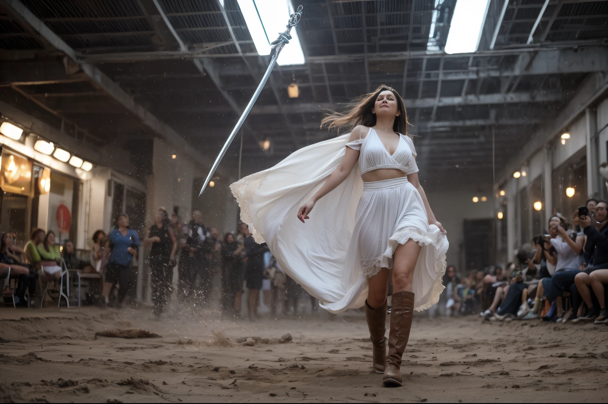 (YES SFW), [wabstyle, realistic hands, high details], beauty plump Warrior woman with brown hair in white leather boots, sword, ((proportional body))，Refined looks，Fairy air fluttering，The gauze skirt flew up，Take photos on the beach，ultra-realistic realism，color field printing，high detal，hyper HD，anatomy correct，cinematic lighting 4d quality. Perfect simmetrical face. The perspective is from below, emphasizing the sheer majesty and power of the woman. ((The perspective is from below, emphasizing the sheer majesty and power of the woman))