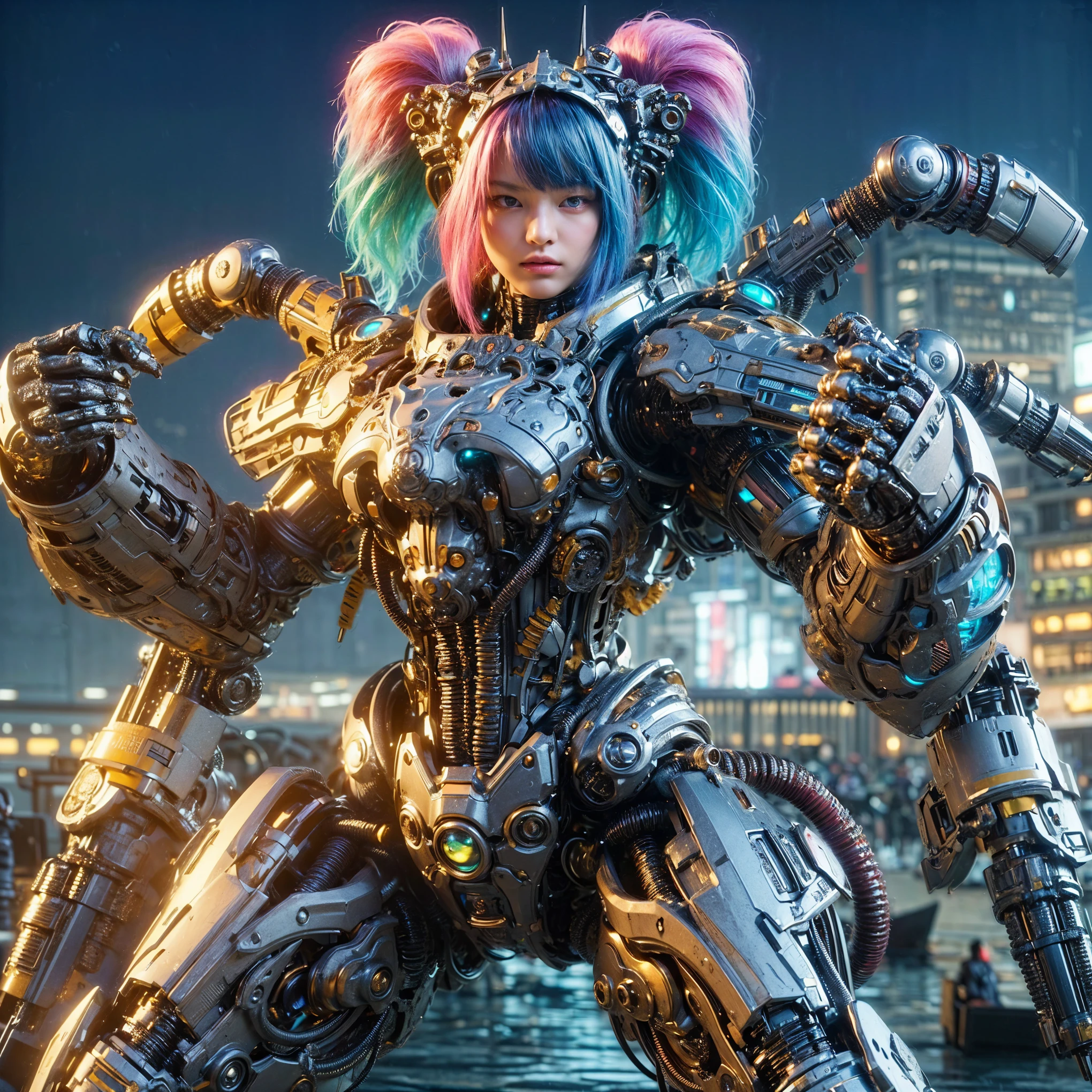 (top-quality:1.2, masterpiece), ultra high resolution, (Photorealsitic:1.4), (crab-base body), 1 Japanese female, extremely realistic face, (purple hair), ((ultimately intricate all details)), (whole body picture), realistic shadow, octan render, glossy textures, character edge light, Details of complex ornaments, dystopia with a beautiful view at night, fighting pose
