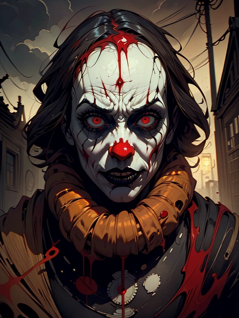 a dark carnival, carnival freak, psychotic killer, blood splatter, horror atmosphere, dark twisted fantasy, sinister clowns, surreal nightmare, gritty realism, haunting shadows, ominous clouds, deep red lighting, sharp contrast, distorted reality, visceral violence, unsettling tension, cinematic composition, hyper detailed, masterpiece, 8k, photorealistic, dark surrealism
