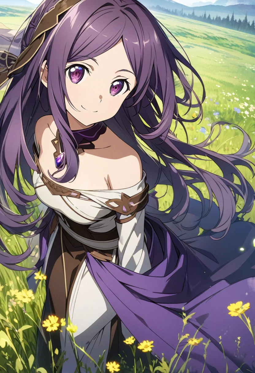 Sono Chieri \(Sword Art Online\), (long dark purple hair), (dark purple eyes):1.2, Songstress costume, bangs, smiling confidently, ((ultra-detailed)), ((illustration)), ((neat hair)), (beautiful detailed eyes), female, 1girl, standing, (meadow, grassland)), looking at viewer