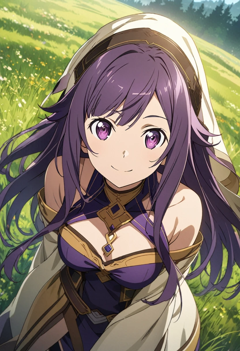 Sono Chieri \(Sword Art Online\), (long dark purple hair), (dark purple eyes):1.2, Songstress costume, bangs, smiling confidently, ((ultra-detailed)), ((illustration)), ((neat hair)), (beautiful detailed eyes), female, 1girl, standing, (meadow, grassland)), looking at viewer