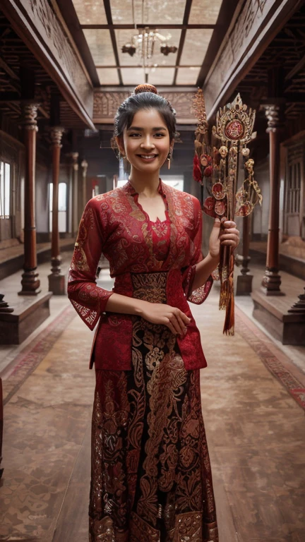 Make a hyper realistic full body picture of a beautiful smiling Indonesian woman, 27 years old, full body, wearing a red traditional Indonesian kebaya with a typical Indonesian batik motif bottom, hair in a bun holding a wayang in the shape of a typical hero woman srikandi figure with her clothes in wayang, the background is a Javanese joglo room with carved wooden pillars, realistic photography, remote photography, UHD, 32K,