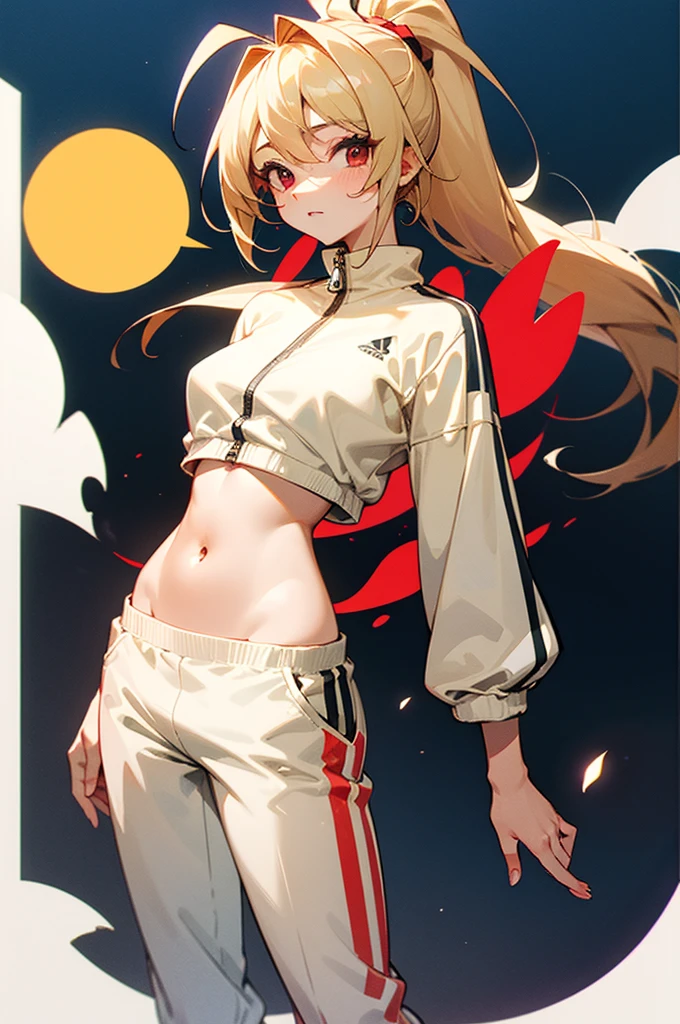 17 year old girl、blonde ponytail、Ahoge、big round red eyes、small breasts、White sweatshirt、Belly button、White tracksuit pants、High-leg shorts