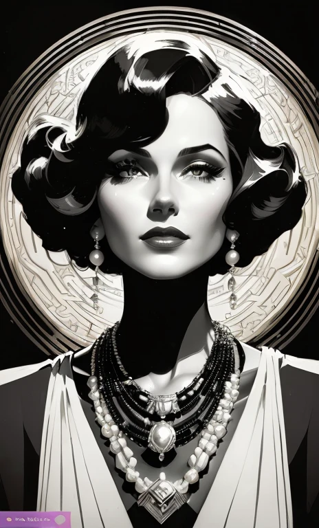 close-up of woman with necklace and pearls, Martin then artwork portrait, Art deco portrait, Martin then, realistic Art deco, Cinematic. Art deco, Art deco illustration, Jack Bowl, Otto Schmidt, Derek Hill, inspired Art deco, Jason Benjamin, Film noir world character design, Jose Comas Quesada
