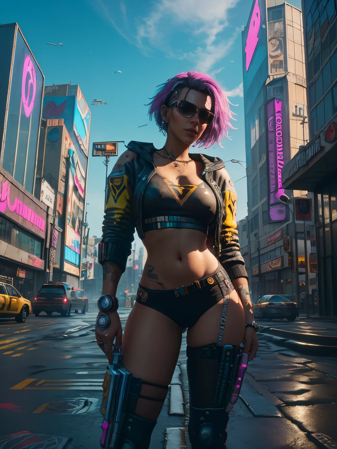 (nu:1.2), mexicano 25 anos de cyberpunk em uma roupa pop colorida de Harajuku, tiro de vaqueiro, o vento, Pilha Real, ((Olhos azuis muito grandes)), ajoelhado, hands behind the back, 8K, 1 / Corte de 2 corpos, fenda apertada, (camel toe:1,4), um rosto perfeito, o corpo perfeito, cabelo extra muito longo? Um tiro entre os cabelos, Messy hair, olhos altamente detalhados, rosto altamente detalhado, Pernas altamente detalhadas, Cyber Shoes, ((paisagem urbana cyberpunk 2077)), (aesthetics and cyberpunk atmosphere:1.3), Cores brilhantes, sorridente, posando, ((cinematic lighting)), (detalhes intrincados:1.2), (HDR, hiperdetalhado:1.2), (textura natural da pele, hiperrealismo, luz suave, Afiado)