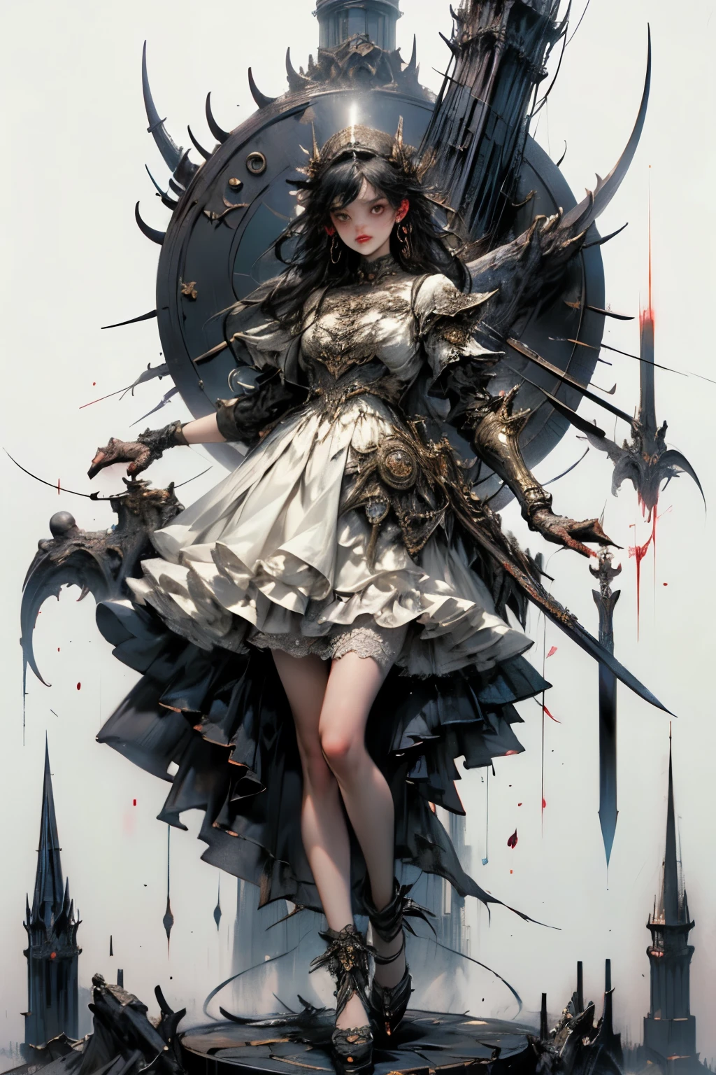 ((best quality)), ((masterpiece)), (detailed), perfect face ((best quality)), ((masterpiece)), (detailed), blank white background, plain background, white background, Bloodborne inspired, occult aesthetic, occult, detailed and intricate steampunk and detailed gothic, NSFW, Very dramatic and cinematic lighting, cosmic horror, grim-dark, side-lighting, perfect face, a beaituful goddess adorned and enshrined in armour, Bloodborne inspired , occult aesthetic, occult, detailed and intricate steampunk and detailed gothic, wielding a sword and holding a shield, NSFW, Fluttering lace flared long knee length dress with frilly petticoats, knee length dress, pleated petticoats, ta dress, petticoats gothic loliside-lighting, gothic lolita aetic, beautiful small breasts, small breasts, full body, whole body, body, plain background, white background, blank background, no background, white background NSFW, full body, whole body, head-to-toe