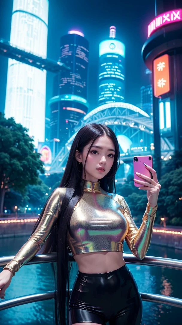 detailed futuristic park, ((bridge)),(( River)),skyscrapers,shiny metallic architecture,hovering cars,neon lights,glowing holographic displays,futuristic girl taking a selfie,bright happy smile,warm lighting,vibrant colors,cinematic atmosphere,photorealistic,8k,high resolution, ((( Russian and Japanese mix, golden hair, straight long hair, gazing, parted lips)))