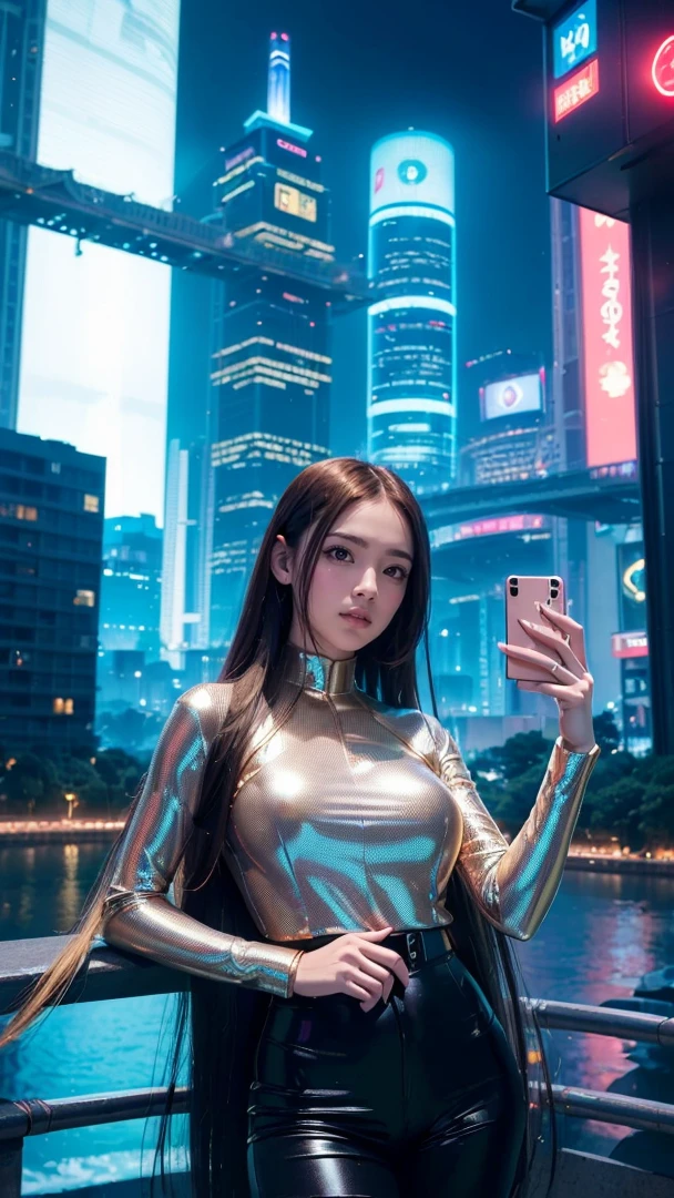 detailed futuristic park, ((bridge)),(( River)),skyscrapers,shiny metallic architecture,hovering cars,neon lights,glowing holographic displays,futuristic girl taking a selfie,bright happy smile,warm lighting,vibrant colors,cinematic atmosphere,photorealistic,8k,high resolution, ((( Russian and Japanese mix, golden hair, straight long hair, gazing, parted lips)))