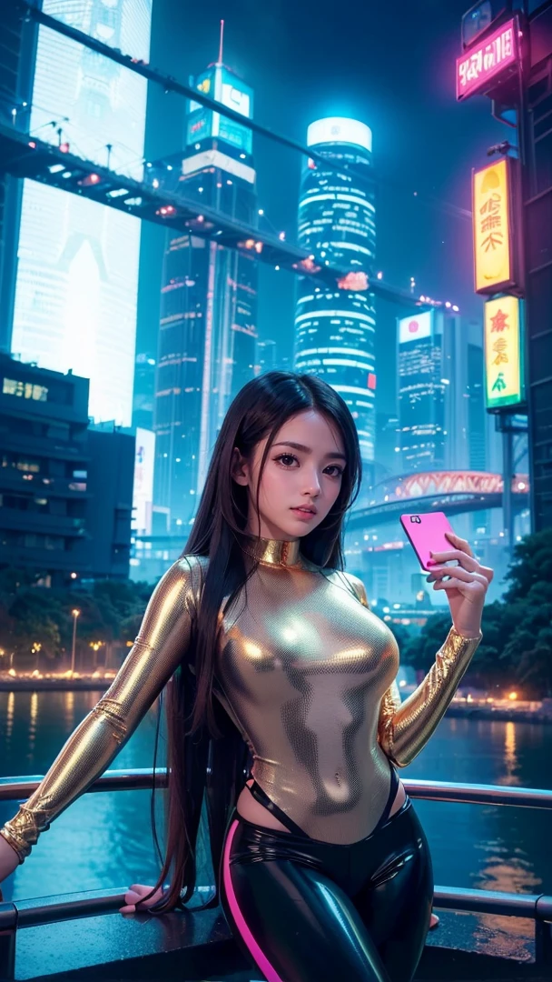 detailed futuristic park, ((bridge)),(( River)),skyscrapers,shiny metallic architecture,hovering cars,neon lights,glowing holographic displays,futuristic girl taking a selfie,bright happy smile,warm lighting,vibrant colors,cinematic atmosphere,photorealistic,8k,high resolution, ((( Russian and Japanese mix, golden hair, straight long hair, gazing, parted lips)))