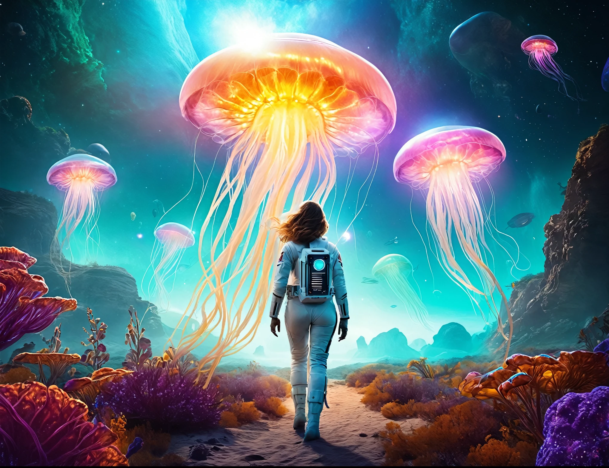Cinematic film still flowing light particles, mulher astronauta no traje espacial, Vibrant colorful exotic alien world, coloridas plantas enormes e natureza, (Various flying glowing jellyfish), Luz brilhante, Profundidade superficial de campo, vinheta, altamente detalhado, high budget Hollywood movie, cinemascope, temperamental, epic, Maravilhoso, ethereal fantasy concept art of light particles flowing, mulher astronauta no traje espacial, Vibrant colorful exotic alien world, coloridas plantas enormes e natureza, (Various flying glowing jellyfish), Luz brilhante, magnificent, celestial, ethereal, pictorial, epic, majestoso, Magical, arte de fantasia, Arte de capa, sonhadores