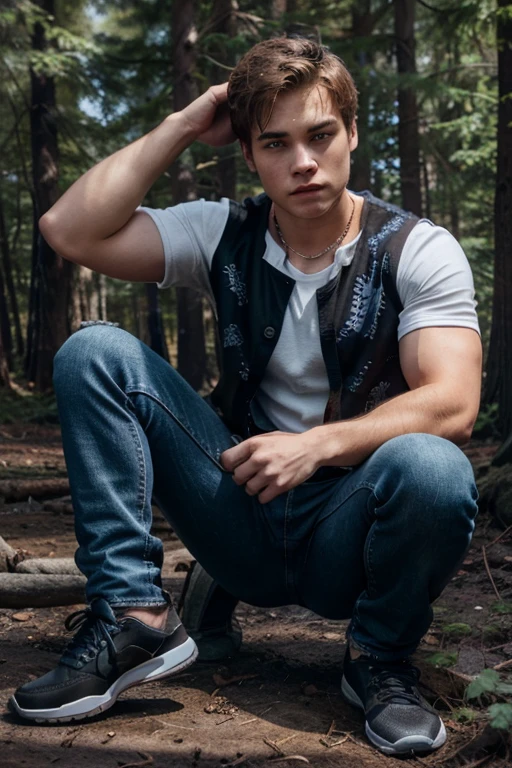 Dylan Sprayberry, Liam Dunbar, Wolf, 18 years old, short messy brown blonde hair, blue eyes, light blue shirt with wolf print, black jean vest, dark black jeans, black tennis shoes, silver pendant, white wolf print. Forest background with fog aura around black color.