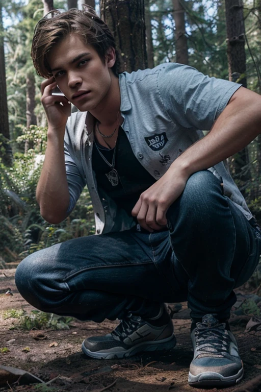 Dylan Sprayberry, Liam Dunbar, Teen Wolf, 18 years old, short messy brown blonde hair, blue eyes, light blue shirt with wolf print, black jean vest, dark black jeans, black tennis shoes, silver pendant, white wolf print. Forest background with fog aura around black color.