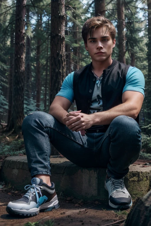 Dylan Sprayberry, Liam Dunbar, Teen Wolf, 18 years old, short messy brown blonde hair, blue eyes, light blue shirt with wolf print, black jean vest, dark black jeans, black tennis shoes, silver pendant, white wolf print. Forest background with fog aura around black color.