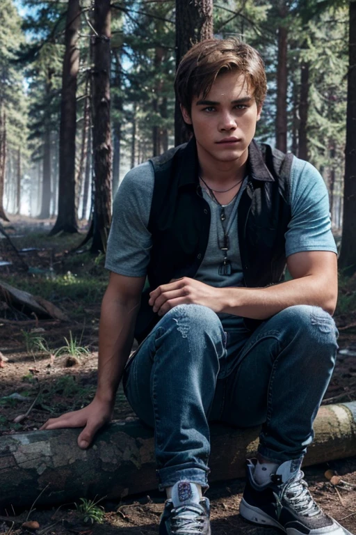 Dylan Sprayberry, Liam Dunbar, Teen Wolf, 18 years old, short messy brown blonde hair, blue eyes, light blue shirt with wolf print, black jean vest, dark black jeans, black tennis shoes, silver pendant, white wolf print. Forest background with fog aura around black color.