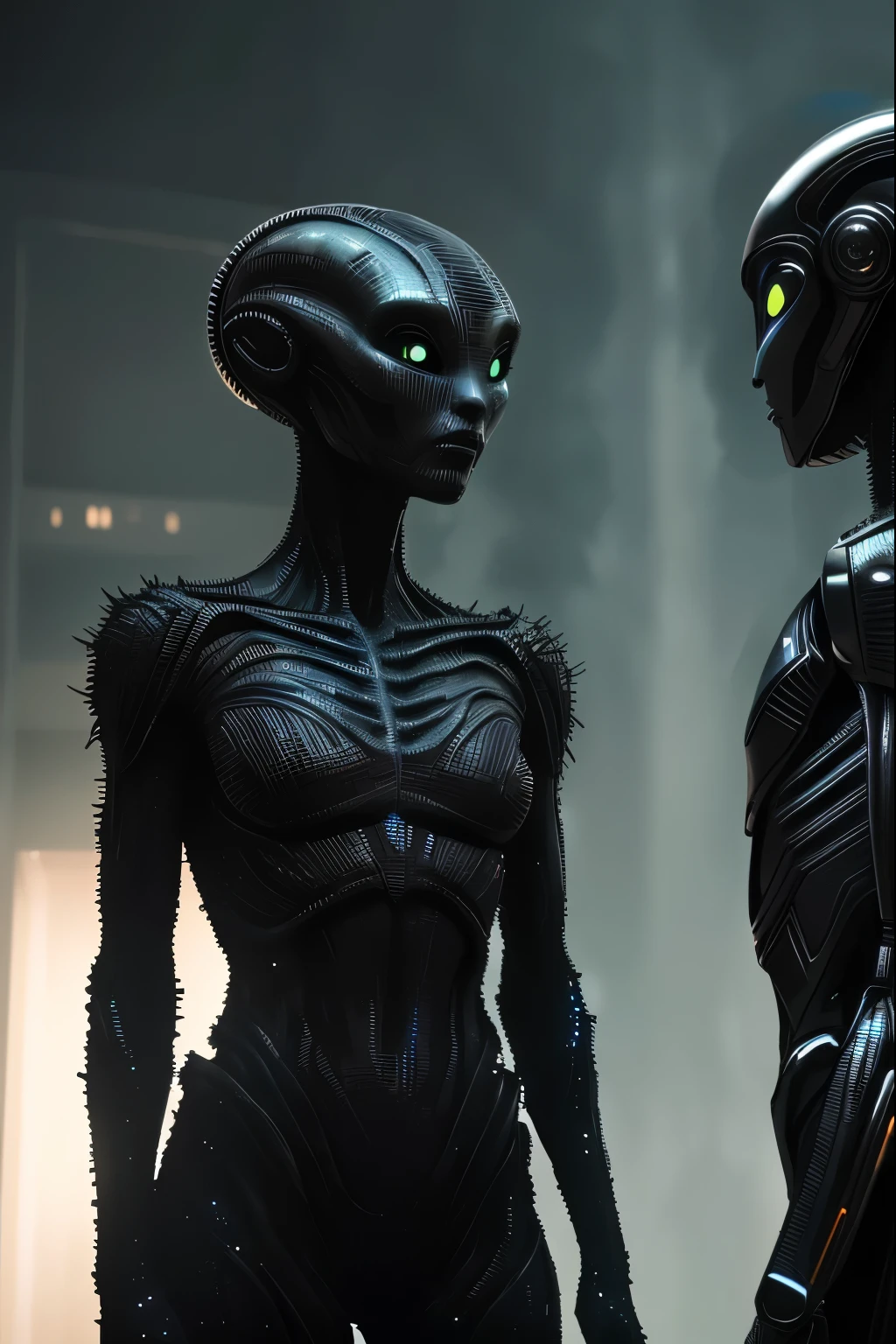Scene of an alien meeting a human, realista, the alien is twice the height of the human figure, with a dark and enigmatic background, iluminado pelo brilho suave da fotorrealidade 4k, revealing intricate textures in the human's features and the alien's otherworldly form. O humano, vestidos com roupas esfarrapadas, fica congelado de medo, looking at the huge alien, olhos expressivos, your irises shining in the dim light. The scene is full of tension and intrigue, captured in a cinematic scene that highlights hyper-detailed textures and colors. O contraste entre o tom quente da pele do ser humano e o