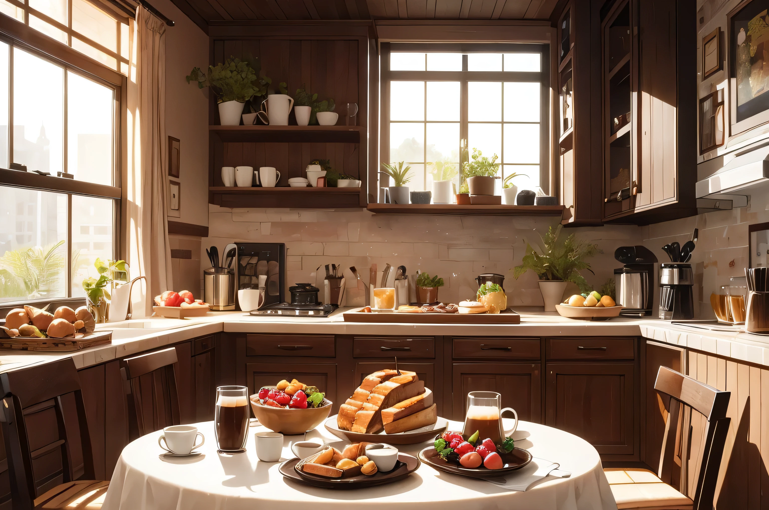 A table set with coffee, toast and fresh fruit, with someone pouring coffee into a cup.