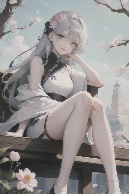 masterpiece, Excellent, daytime, outdoor, Falling Flowers, Branches, China人, China, 1 girl, Perfect Woman, Woman with long silver hair, Gray blue eyes, Light pink lips, cold, Serious, Prosperity, Purple Eyes, White clothes, black clothing series, Delicate face, Delicate face, Sitting Legs, Smile