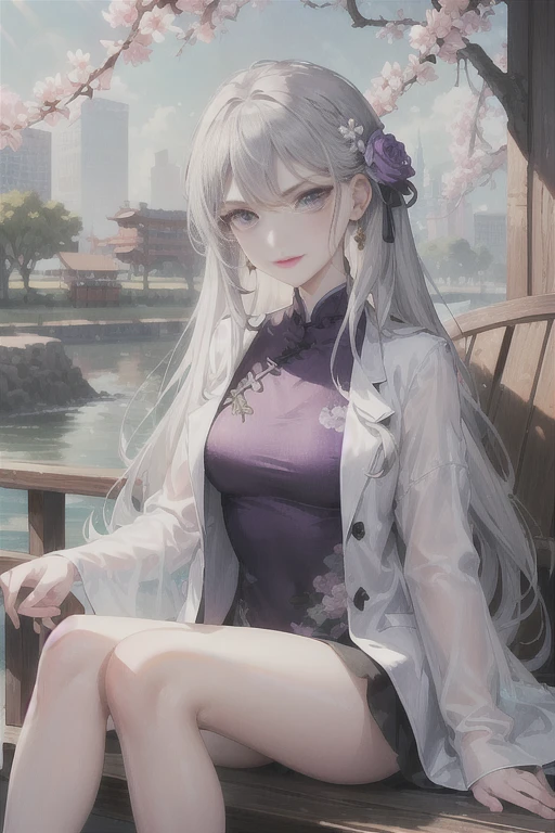 masterpiece, Excellent, daytime, outdoor, Falling Flowers, Branches, China人, China, 1 girl, Perfect Woman, Woman with long silver hair, Gray blue eyes, Light pink lips, cold, Serious, Prosperity, Purple Eyes, White clothes, black clothing series, Delicate face, Delicate face, Sitting Legs, Smile