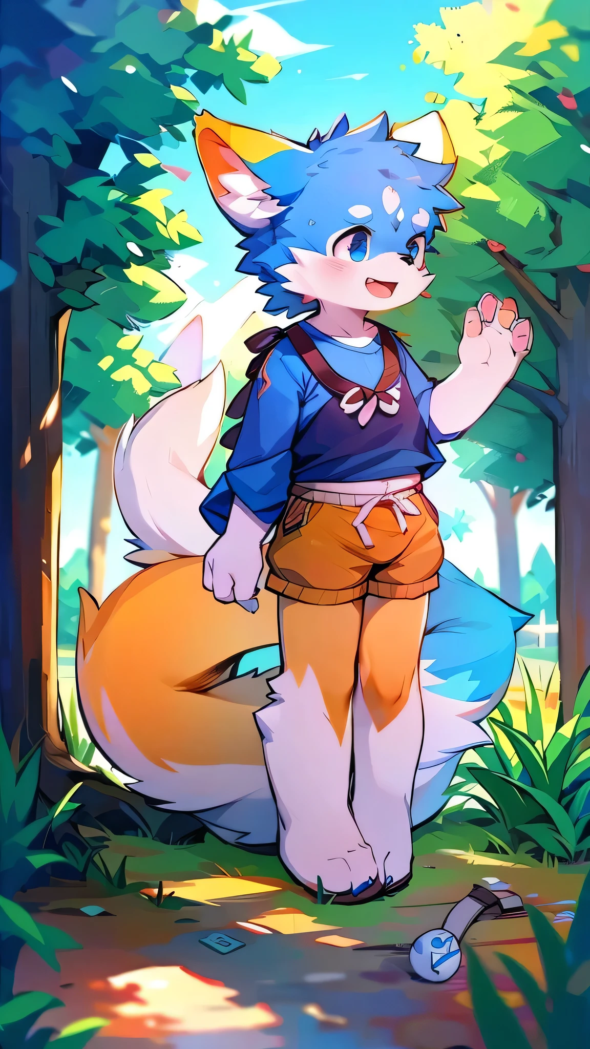 Blue fur, Canine, fox motif, boy,Wearing street clothes,fly in the sky,Laughter,