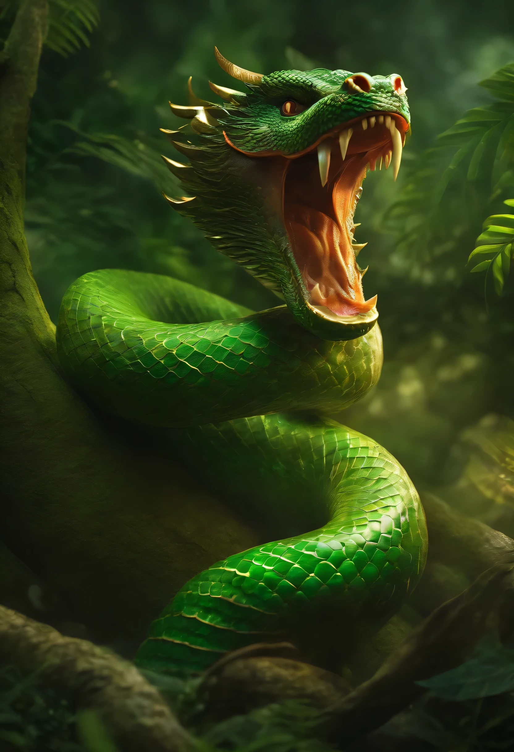 Images of mythical creatures ,Serpent, Thai Style, Looks great., Clear image, aggressive, Robdua has a gold medal., Green body, .3D