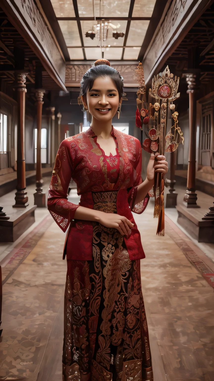 Make a hyper realistic full body picture of a beautiful smiling Indonesian woman, 27 years old, full body, wearing a red traditional Indonesian kebaya with a typical Indonesian batik motif bottom, hair in a bun holding a wayang in the shape of a typical hero woman srikandi figure with her clothes in wayang, the background is a Javanese joglo room with carved wooden pillars, realistic photography, remote photography, UHD, 32K,