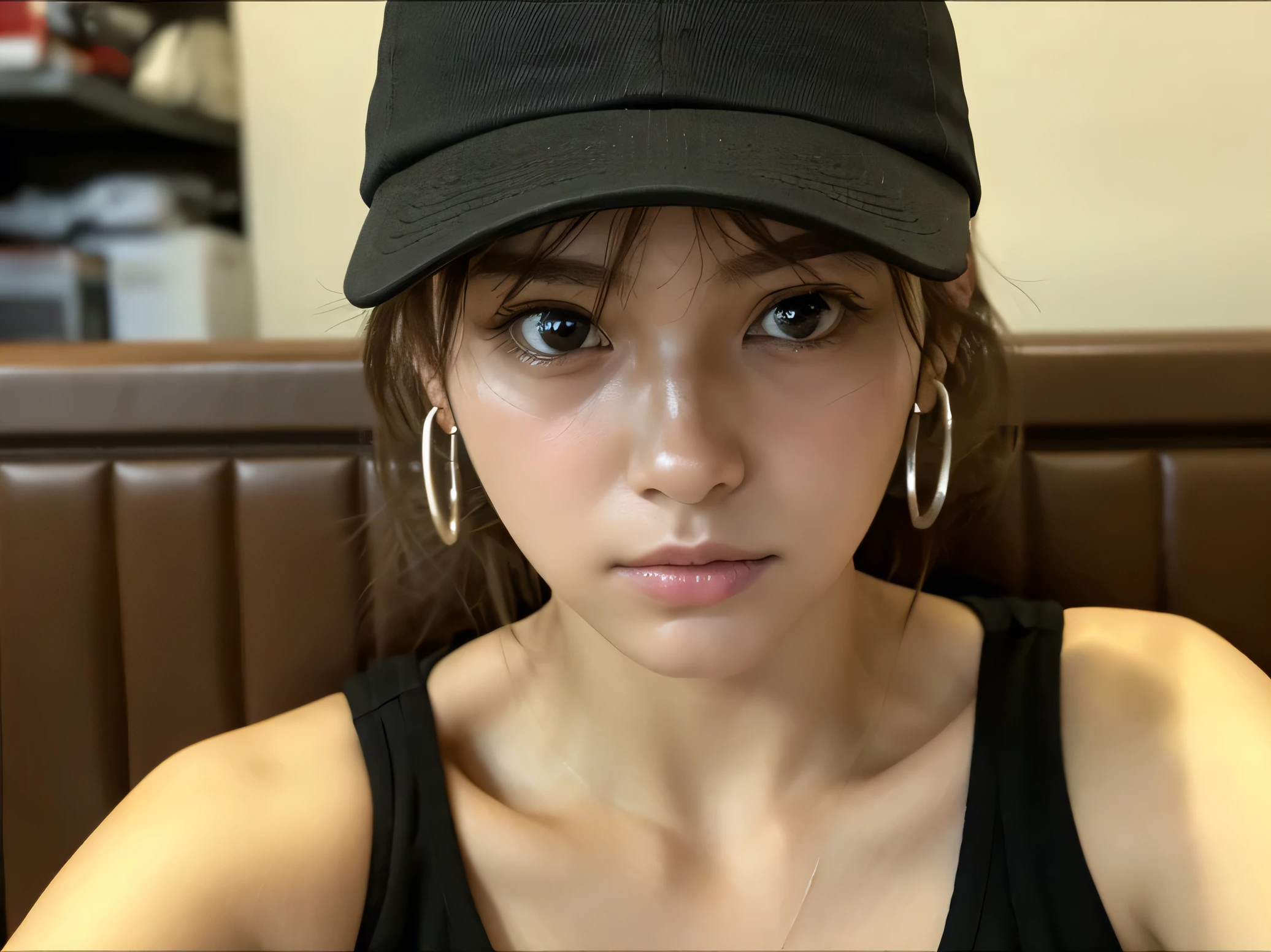 Look into the eyes, Eye contact, Front of face, Front face, face, head, Cross-legged, indoor, Brown Hair, bangs, Tank top, Sweat, clavicle, shoulder, Cross-legged, chest, Earrings, Skin Moisture, Staring at me, The gaze looking down on me, put on a cap