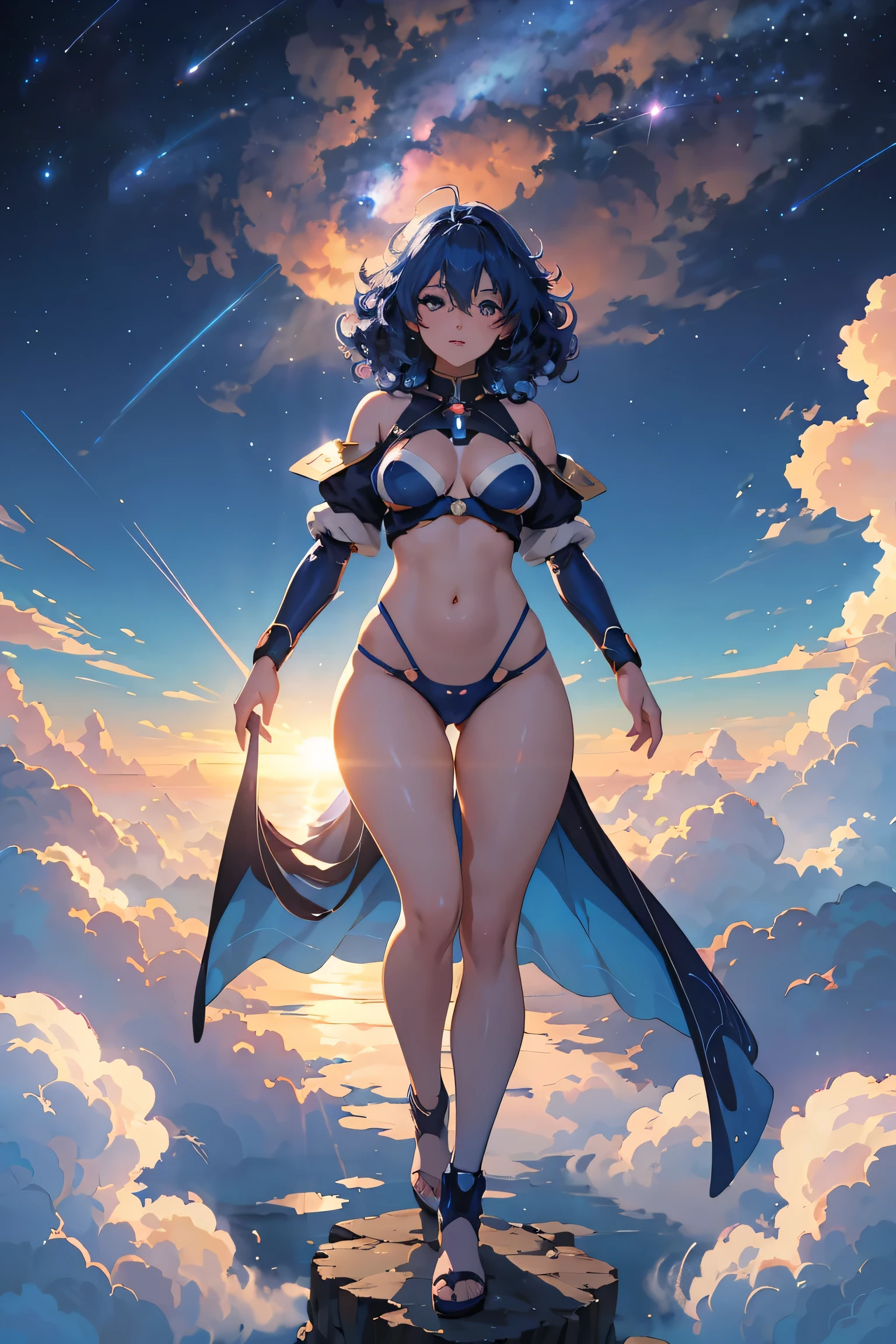 Beautiful blue skin anime model full body, sun-bathing on floating cloud along the milky way, enticing eyes, curly hair dreamy, background thick clouds, high quality, 4k, 8k,