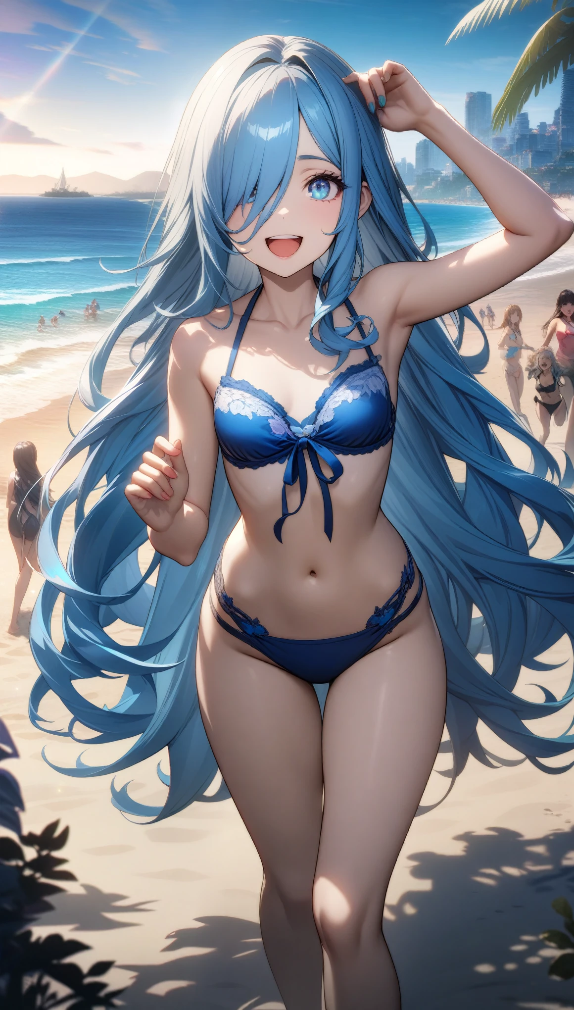 32k, best quality, ultra high res, HDR, UHD, extremely detailed CG, unity 32k wallpaper, highest quality, Intricate details, chromatic aberration, A girl with a model figure, A revealing blue swimsuit, Long Hair, Blue Hair, Smooth Hair, Blue Highlights, Hair on one eye, blue eyes, Sharp eyes, Laugh shyly, A beach with lots of people,