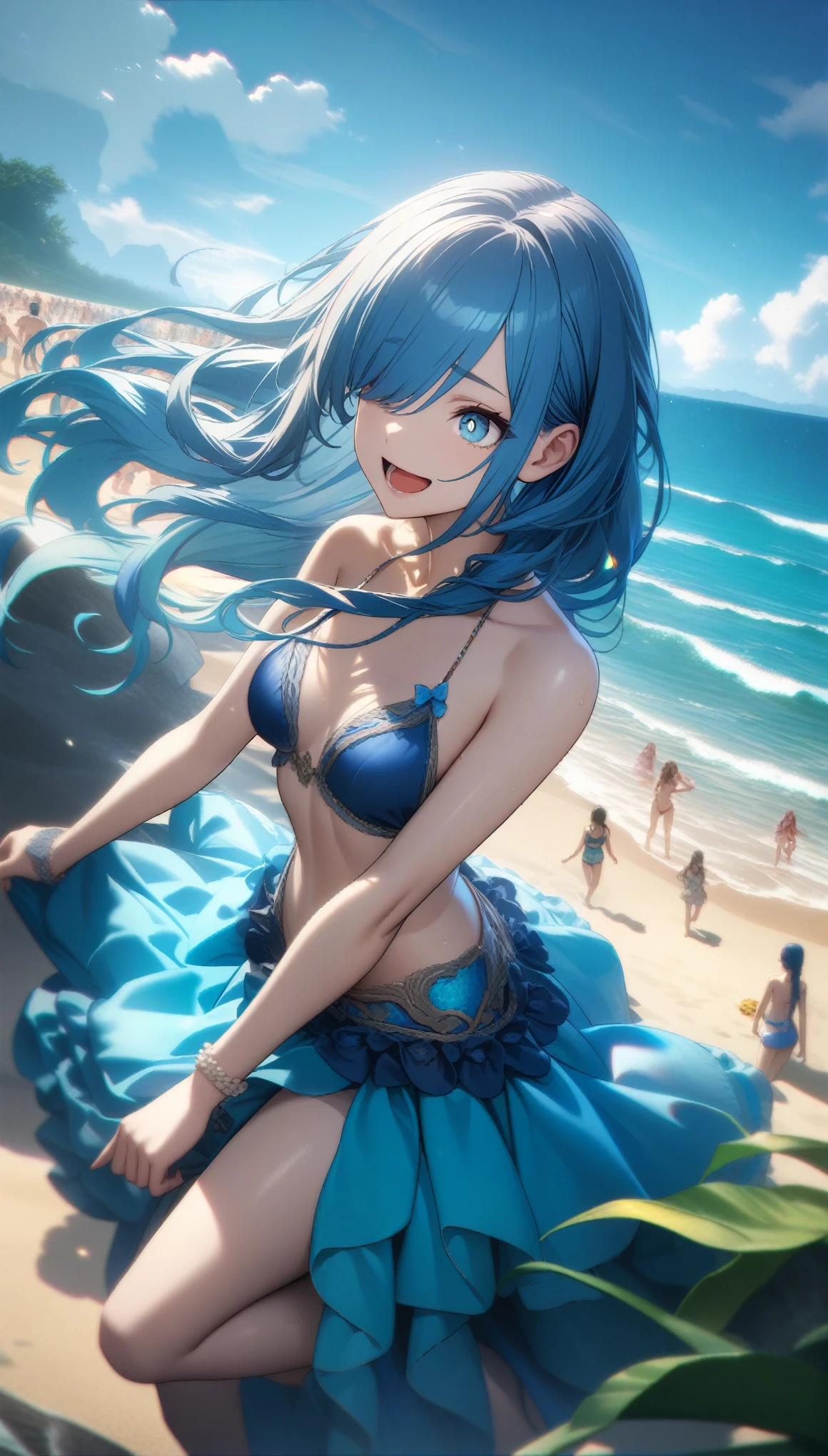 32k, best quality, ultra high res, HDR, UHD, extremely detailed CG, unity 32k wallpaper, highest quality, Intricate details, chromatic aberration, A girl with a model figure, A revealing blue swimsuit, Long Hair, Blue Hair, Smooth Hair, Blue Highlights, Hair on one eye, blue eyes, Sharp eyes, Laugh shyly, A beach with lots of people,